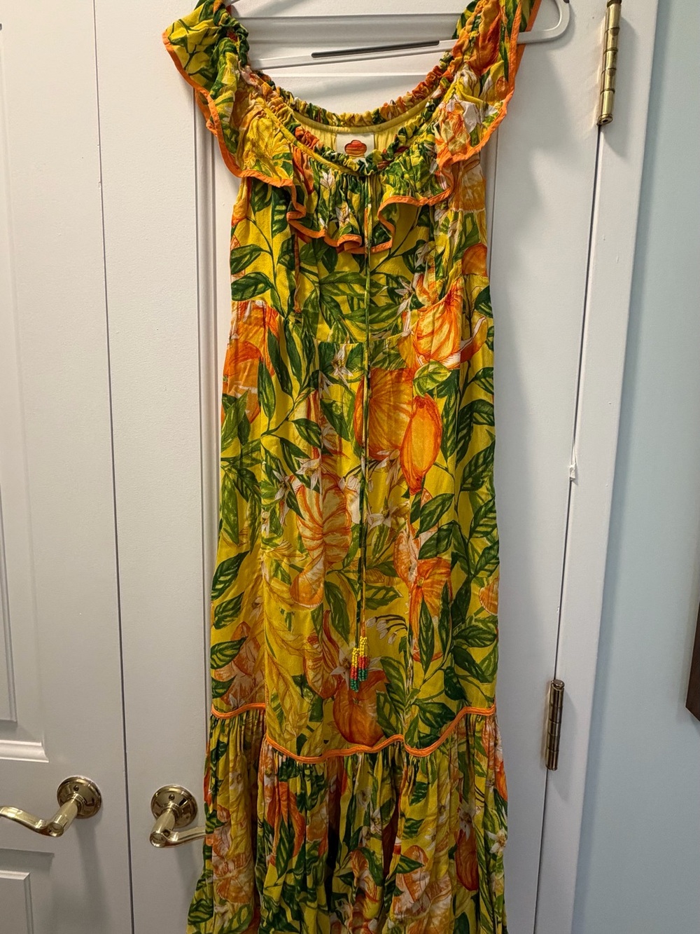 FARM Rio Yellow Floral Maxi Dress with Green Leaf Print